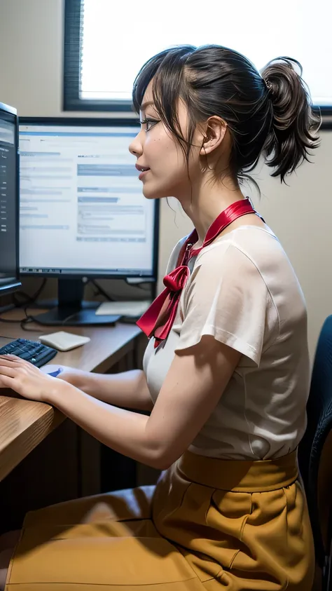 ( tight long skirt :1.5、 woman sitting on a chair without a backrest in the office while wearing a 、 wear high heels :1.3)、( while sitting at work {x} and sitting at the office:1.3、In progress)、(Side view:1.9)、 beautiful hip line、(Realistic、 as in the pict...