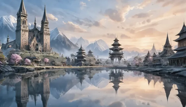 a water reflection scenic picture of a medieval town with a castle, temple, towers, sitting on the bank of a lake, behind it there isa snowy mountain, along the bank there are blossoming cherry trees, it is dawn and the sun is rising