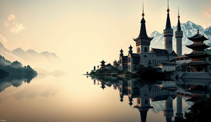 a water reflection scenic picture of a medieval town with a castle, temple, towers, sitting on the bank of a lake, behind it the...