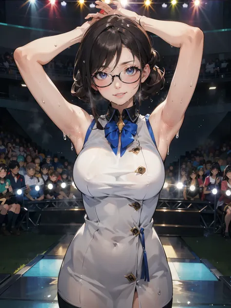 anime - style illustration of a woman in a high school outfit, sleeveless shirt:1.5, anime character, official character art, trending on e-girl, feminine, full body, female anime girl, Posing:1.5, parted bangs, glasses, (tanned:1.0), looking at viewer, sm...