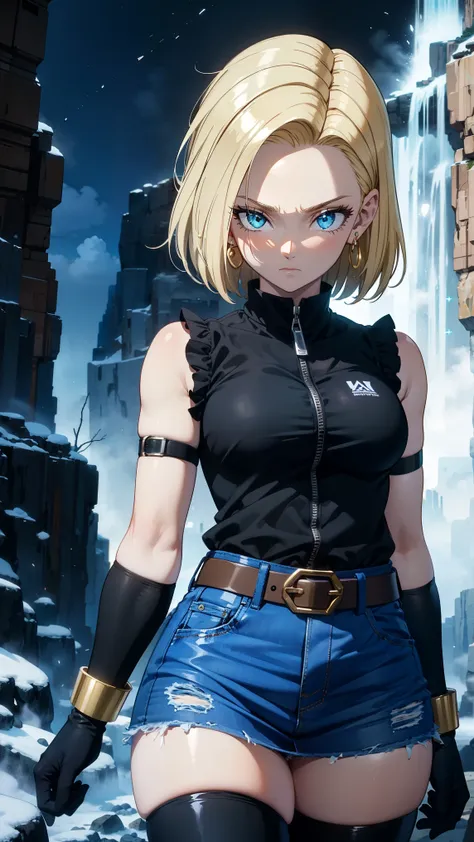  is of the best quality,  high resolution, 1 Girl,  slim figure , Android 18, blond, Short hair,  blue eyes ,  sparkling eyes ,   confident for a long time  , earrings,  open blue denim vest ,  black stockings,  Black Shirt ,   blue denim skirt  , long sho...