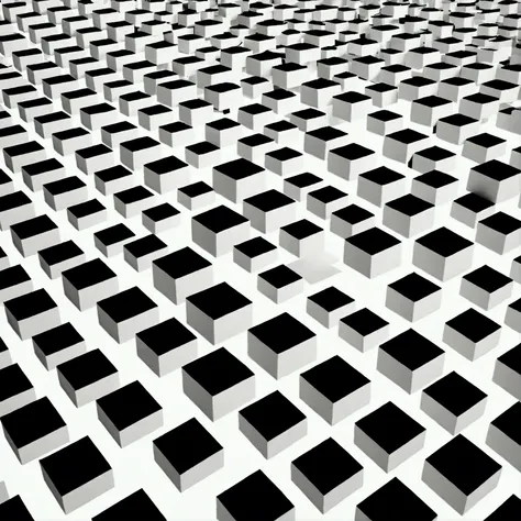 Black and white squares, floating on white background, 3D digital art,graphic art of black and white squares floating !