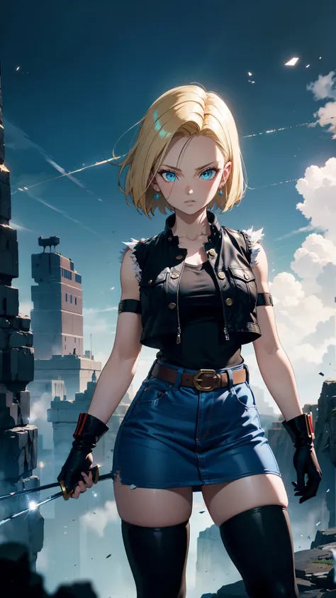  is of the best quality,  high resolution, 1 Girl,  slim figure , Android 18, blond, Short hair,  blue eyes ,  sparkling eyes ,   confident for a long time  , earrings,  open blue denim vest ,  black stockings,  Black Shirt ,   blue denim skirt  , long sho...