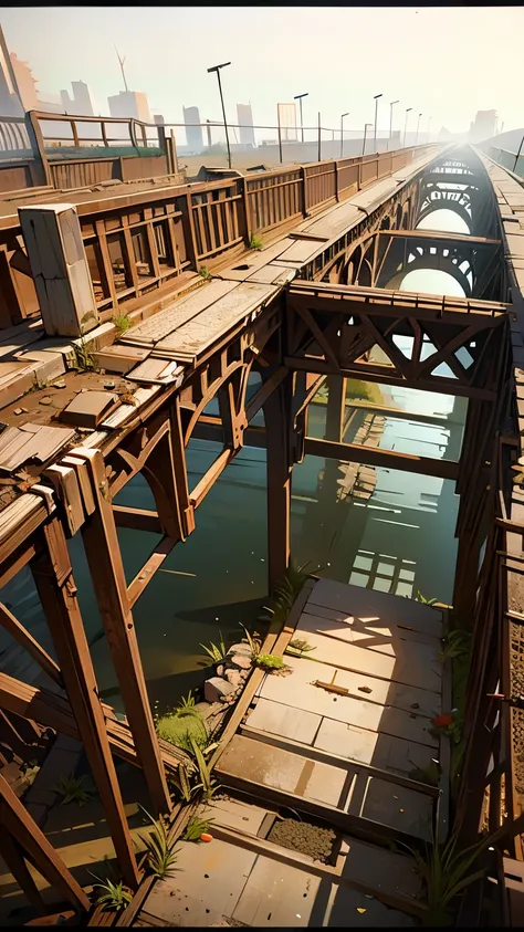 “An old bridge stretching over a dried-up riverbed, its structure partially collapsed and coated with layers of ash. Rusted railings and cracked concrete show the passage of time and the weight of the ashfall. Below, the empty riverbed is littered with deb...