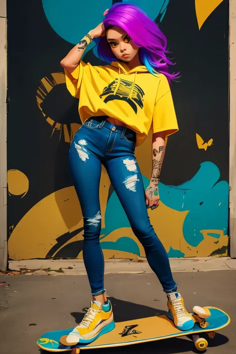 The most beautiful and sexy skateboard girl, rainbow colored hair, yellow eyes, wearing hoodie, graphic t-shirt, torn skinny jeans and highly detailed skateboard gear, tons of tattoos and piercings, highly detailed background, perfect masterpiece, high qua...