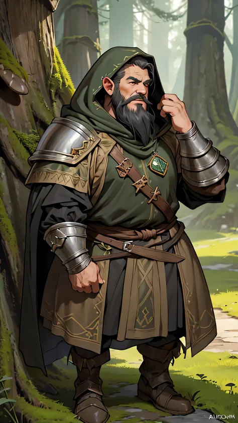 MASTERPIECE, Medieval background, Old, ((black long beard)) ((realistic)), ,Waist, 1man, solo, male, dwarf, gnome, fantasy dwarf, fantasy gnome, small, short height, chubby, muscular, lord ofthe rings dwarf, strong, ((mature male)), ((Green hooded cloak)),...