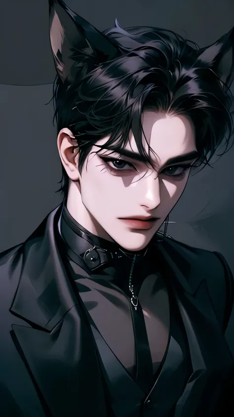 boy, ( black hair and black eyes),  white skin ,  sharp eyes,  close up, ((black suit,  black shirt)), black background, ((muzzl...