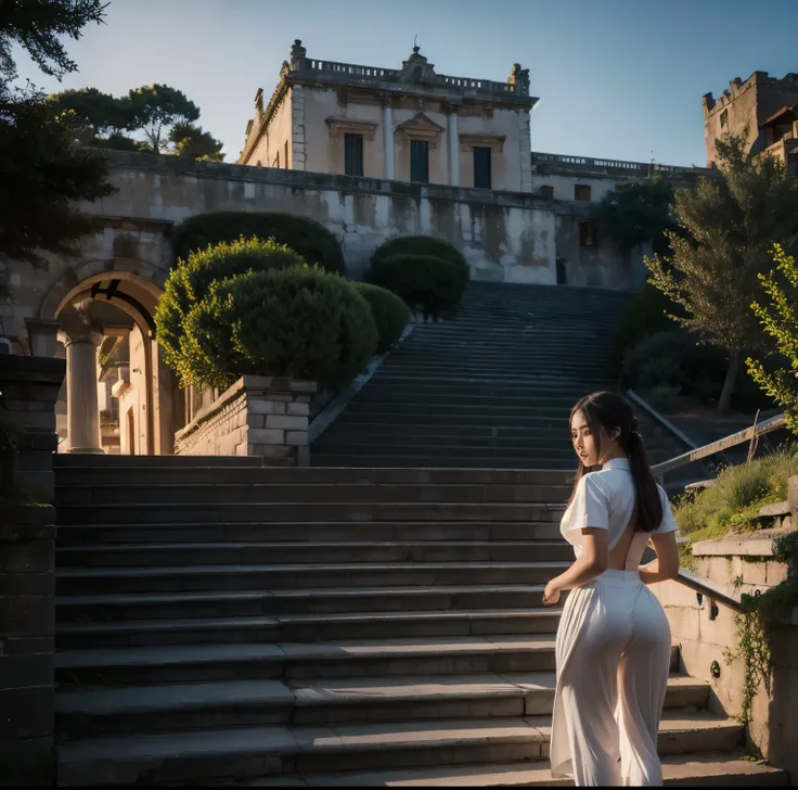 8K quality, Masterpiece,  bright artistic dusk lighting,  super real ,  high chroma, Ancient fortified city landscape pictures,  forest, High ground, (Back view on stairs :1.3), (Ass:1.2), White clothes