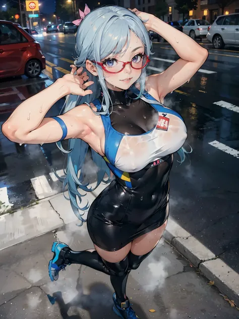 anime - style illustration of a obscene woman in a high cut  outfit, sleeveless shirt:1.5, anime character, official character art, trending on e-girl, feminine, full body, female anime girl, Posing:1.5, parted bangs, glasses, (tanned:1.0), looking at view...