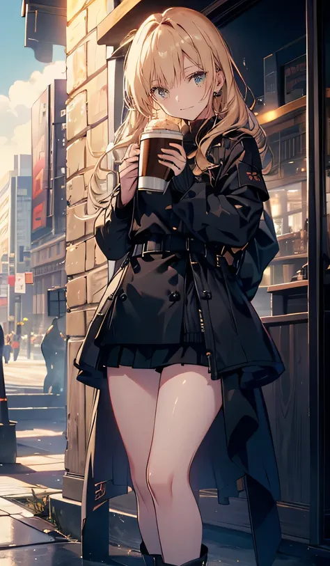 (( miniskirt, Black Coat,smile,Blonde)),beautiful, masterpiece,  best quality,Beauty,  viewers,Laughter , boots,smile, and smiles ,Cafe in front of the station,Poured Sun,Holding a coffee cup in one hand,