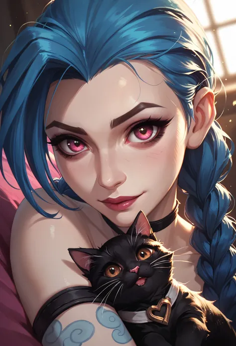 jinx from league of legends, snuggling a black cat in her arms, looking at the viewer. she has pink eyes and long twin braids while the cat has brown eyes. dutch camera angle, close up, warm lighting for the adorable and whimsical mood.