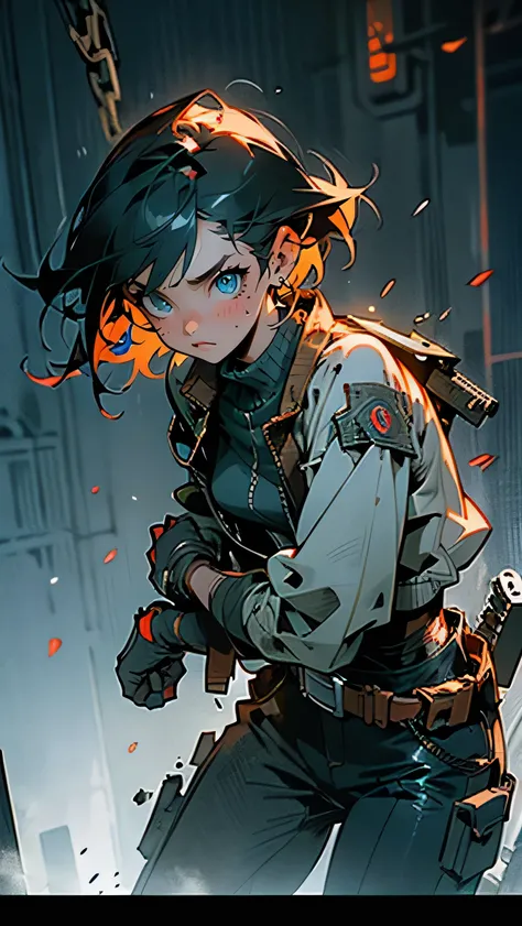 A woman in her late 30s, dressed in a mix of tactical gear and worn clothes, blending practicality with the need for concealment. She has short, dark hair and a scar across her cheek, symbolizing past battles. Her expression is intense, filled with both in...