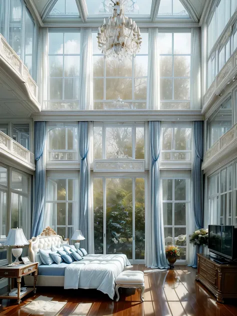  high resolution image with puffy cheeks， Glass House， Large Floor-to-Ceiling Windows ， the room has a blue bed ， white curtains ，Television set，Bookshelf。The walls are glass windows ，  The most important thing in the room is a large bed， have garden windo...