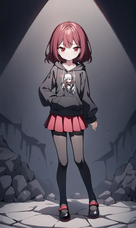 anime, , ,  short black wavy shoulder length hair , white,  red eyes,  is wearing a black hoodie with a rock band print,  small dark red skirt ,  black tights and Mary Jane shoes ,  skinny hips , Se, thin,  black graffiti background 