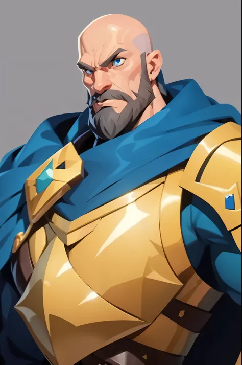 concept art, european cartoon, game character design, 1 man, solo, black beard, detail, eyes, eyes, mature male, male focus, beard, silver armor, muscular man, full body, no hair, bald, muscles, blue cloak, pauldrons, breastplate, armor, standing,