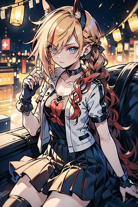 Young woman, age 22, long side bangs, messy hair , long flowing hair, dark blue eyes, one braid over shouder, blonde with red highlights on hair, ultra lots red stripes on hair, Y2K Revival outfit, thick eyelashes, Baby tee blouse, ultra detailed face, ido...