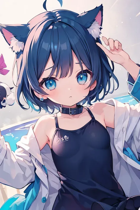 NSFW、 transparent pink short hair、 dark blue school swimsuit 、 Wearing a collar 、   girl、  Im looking for an elementary school girl 、 small breasts、Very beautiful and 輝く瞳、cat ears、((((( )))))、heart❤、