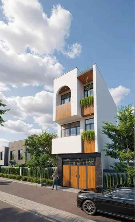 Raw photo,Masterpiece, high quality, best quality, authentic, super detail,
exterior, outdoors, house style modern on the street, glass windows, gate, wooden ceiling,
road,pavement, trees, sky, cloud, (daylight:1.1)