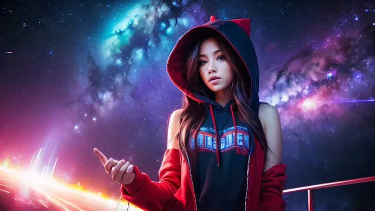 A stunning female DJ with long hair, wearing a red hoodie layered over a tank top, paired with stylish boots. She stands confidently against a vibrant cosmic background filled with stars, galaxies, and nebulae, creating an energetic yet mystical atmosphere...