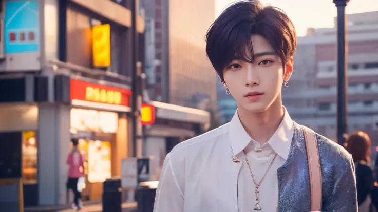 Create a high-resolution image of a fresh and charismatic male K-pop idol. He should have a vibrant and youthful appearance, radiating positive energy. Dress him in stylish, contemporary clothing that reflects current K-pop fashion trends. The setting shou...