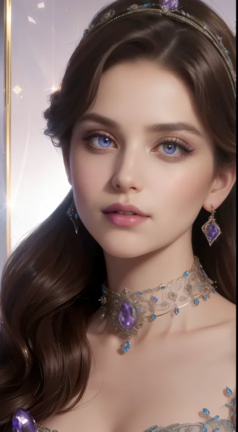 tmasterpiece，Highest image quality，Beautiful bust of a royal lady，Delicate brown hairstyle，Violet eyes are clear，Embellished with a dazzling array of intricate jewelry，super detailing，upscaled。