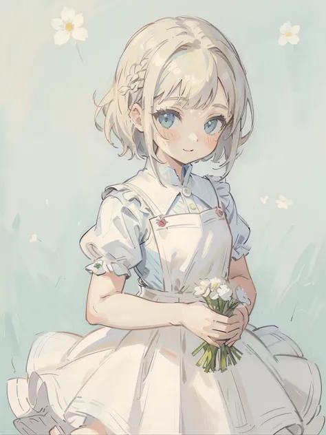 (masterpiece:1.2,  best quality), one girl ,very short hair, platinum blonde ,white pinafore dress,cowboy shot, upper body, portrait with elbow,happy,Holding a bouquet of flowers in your hand 