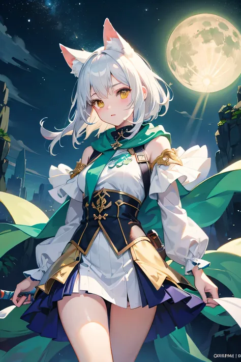  best quality， Ultra Hi-Res 、（ photorealistic：2:1）、duo、cute， （Yellow Eyes、 photon）， detailed beautiful face、（ dog ear）。（ long white hair ），（ Fantasy ），Thighs、 Primitive green and white clothes that let your skin shine through, make you hold a sword in both...