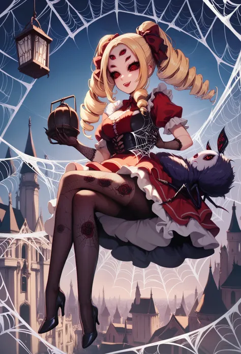 Spider girl. Lady. Twin drill hair. Blonde hair. Red eyes. Horror eyes. Black and red dress. Frills. Dark fantasy. Multiple arms. Sharp claws. Spider web tattoo on face. Rib-style armor. Carries a lantern in hand. Spider web dress. Insect legs. Spider-them...