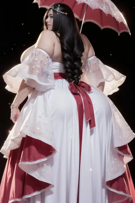 pov from behind, half zipped back shoulder,middle-aged french tall and thick woman with red umbrella，seen from behind very tall ...