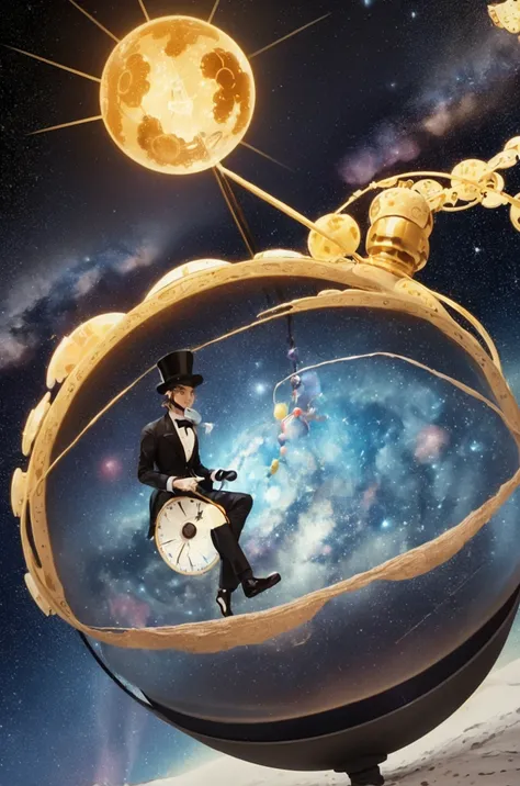  A cartoon image of a magician surrounding a mini globe ，Wear a top hat， floating around them 、paintbrush、Test tubes and gears 。 The Earth is covered with colorful handmade materials 、 tools and mini toys ，The background is a bright starry sky， dotted with...