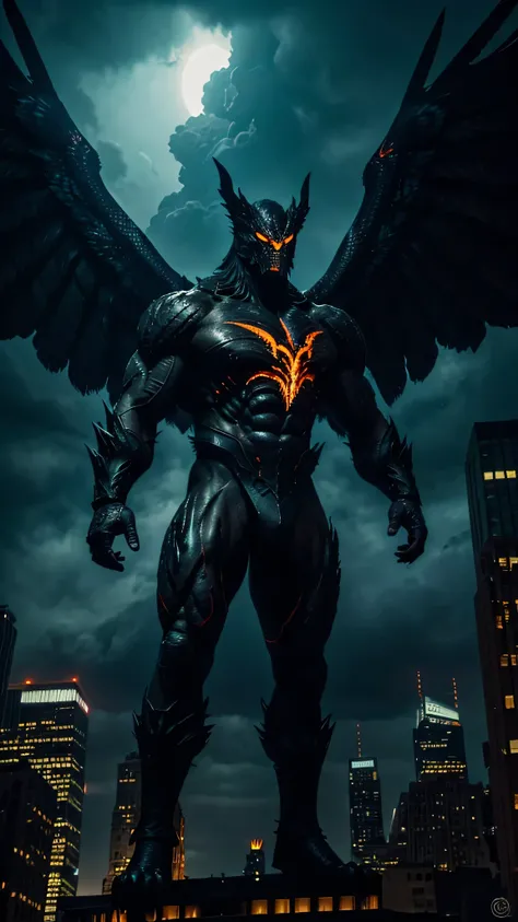 A terrifying hybrid creature combining a giant, muscular titan with the wings and head of a predatory eagle. Its body is armored in dark, jagged stone, with glowing veins of fire running through it. The eagle’s talons are monstrous and sharp, and its wings...