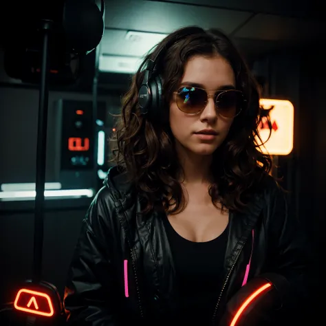 Brown hair . beautiful woman with curly hair and sunglasses wearing full size headphones - ear piece or surround dark room neon cyberpunk at night coordinator neon glow