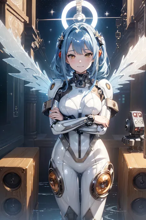 (symmetrical:1.5),（overhead shot:1.5）、 (Metal、mechanical halo、plugsuit、mechanical wings、robot suit:1.5)、 ( chibi:1.3)、 (small:1.5)、(floating:1.8),(anime style:1.7)、(crossed arms:1.5)、 absurd,  super detailedな,(In 8K:1.3),Masseter muscle area,(masterpiece:1...