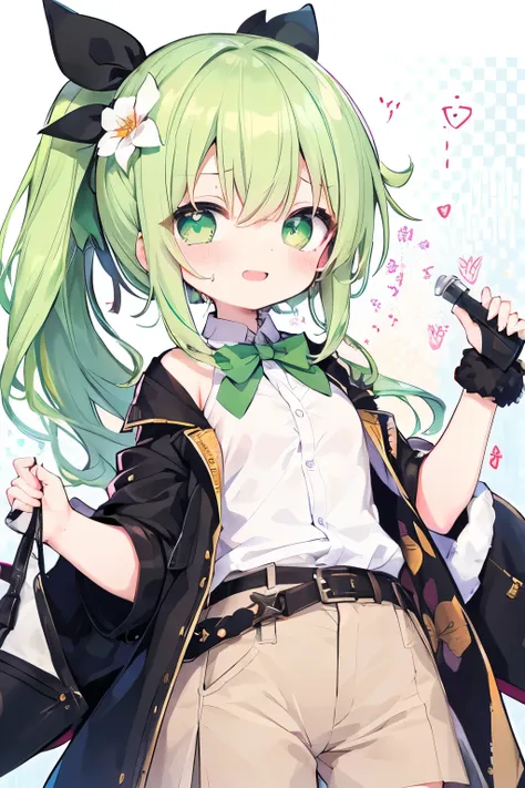 a , brown ponytail,  white skin, short man, Green Eyes, masterpiece, punk jacket,  white shirt,  green tie, Open shoulders, open sleeve,  smiles lightly, flower, Quiet, restrained, (concept art)、 small breasts、 elementary school girl、((((( )))))、heart❤、((s...