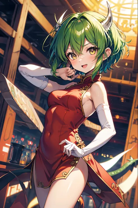 Upper body,1girl,(chibi:1.3),solo,green hair,short hair,puyodraco,dragon girl,((chinese clothes,red dress,Side slits)),white gloves,elbow gloves,((dragon tail)),(double horn,white horn),smile,open mouth,large breasts,slender,bare legs,thighs,masterpiece,No...