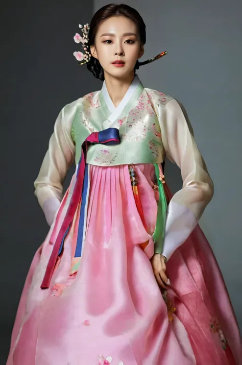 A Korean man in womens hanbok, hi is crossdresser, His face and hairstyle are very masculine, silk, Mother of the Bride hanbok Dress Outfit, breasts like a woman, pink and red, slender female body, floral pattern