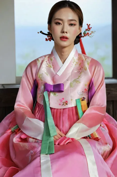 A Korean man in womens hanbok, hi is crossdresser, His face and hairstyle are very masculine, silk, Mother of the Bride hanbok Dress Outfit, breasts like a woman, pink and red, slender female body, floral pattern, satin, sit quietly