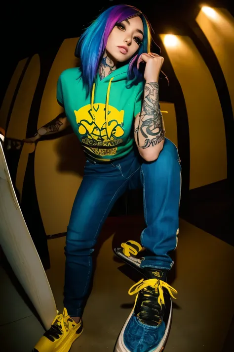 The most beautiful and sexy skateboard girl, rainbow colored hair, yellow eyes, wearing hoodie, graphic t-shirt, torn skinny jeans and highly detailed skateboard gear, tons of tattoos and piercings, highly detailed background, perfect masterpiece, high qua...