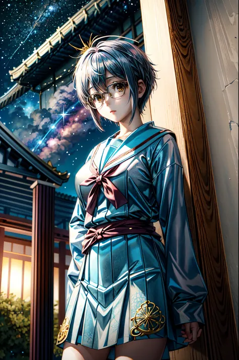 (masterpiece), (ultra-high detail), (best quality), Yuki with a serene expression, wearing a meticulously detailed blue skirt and glasses, dressed in a precisely designed serafuku summer uniform with intricate kneehighs. She stands gracefully on ancient te...