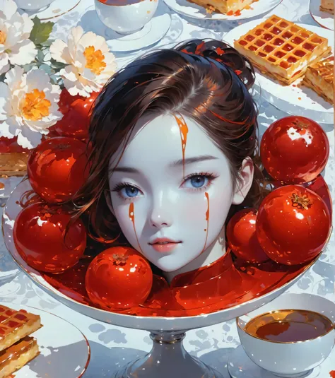 masterpiece,  beautiful illustration , young woman,  red caramel streaks on face, deep plate  