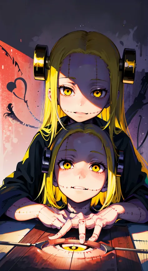 madaraki_, a girl  ,Bracket,Awkward,Mad Hatter ,surgeon  ,wrinkle,Worried,((go ahead)),  hair length , Yellow hair,seam ,  scars on the body  ,  creepy look , scary eyes  ,  an intimidating expression  ,  strange smile  , Eye bags, ((((Fatigue))))