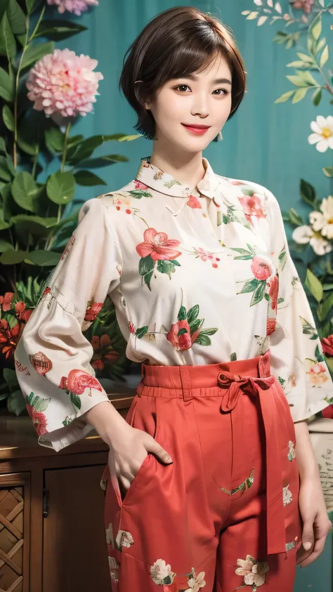 149
(20 year old woman,floral print outfit,pants), (Super realistic), (high resolution), ((beautiful hairstyle 46)), ((short hair:1.46)), (gentle smile), (brest:1.1), (lipstick)
