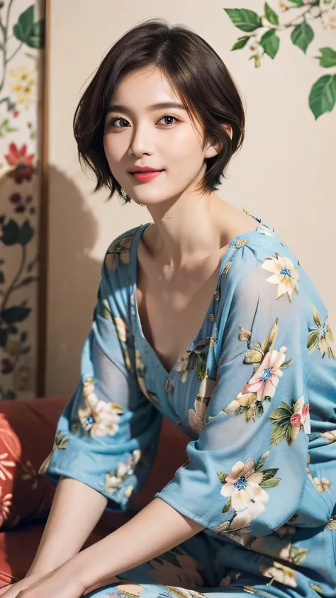 149
(20 year old woman,floral print outfit,pants), (Super realistic), (high resolution), ((beautiful hairstyle 46)), ((short hair:1.46)), (gentle smile), (brest:1.1), (lipstick)
