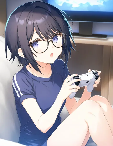 1girl, little female, short hair, messy hair, beautiful breasts,  jitome, glasses, track jacket, gym shorts, open mouth, indoors, holding game controller, television,  game CG break,((artist:shida_kazuhiro)),(artist:mitsumi_misato),(artist:fujiyama),,(mast...