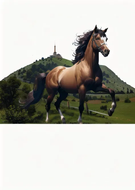 there is a horse that is running on the grass near a hill, the horse above, horse on top, digital horse, by Ivan Meštrović, horse, full color digital illustration, cheval michael, detailed digital illustration, stylized digital illustration, by Andrzej Wró...