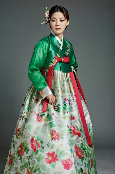 a korean man in women's hanbok, hi is crossdresser, his face and hairstyle are very masculine, silk, mother of the bride hanbok ...