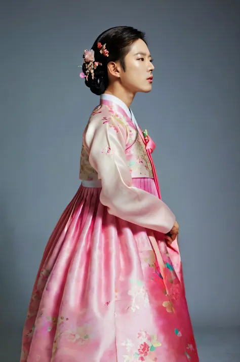 a korean man in women's hanbok, hi is crossdresser, his face and hairstyle are very masculine, silk, mother of the bride hanbok ...