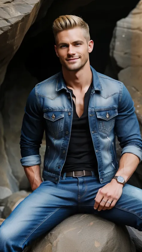 Age 32,One Man,、Muscular、Denim jacket、Black Shirt、Slim jeans、In front of the cave ,Sitting on a rock、Blonde。 very short hair 、 handsome fighter　American Face　Stubble、View from below　smile