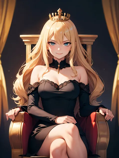 ((Masterpiece)) ((Best quality)) Woman, Blonde hair, Mean smile, Sitting on Throne, Black Dress, Queen, Crown, Cold Eyes 8k quality