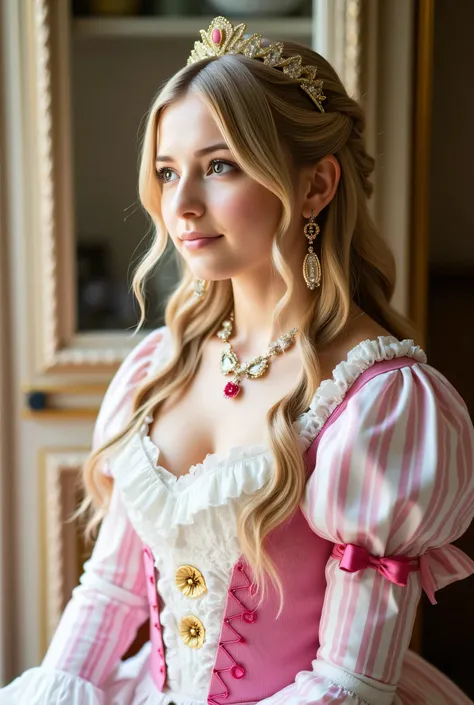 (8k, Best Quality, masterpiece: 1.2),  Ultra High Definition ,, Marie Antoinette, ultra detailed face ,fine grain, open your mouth slightly ,(Blonde),Long Hair, wavy hair in front of the station, break,Rococo Ruffle Dress,Long sleeve dress, The dress has a...